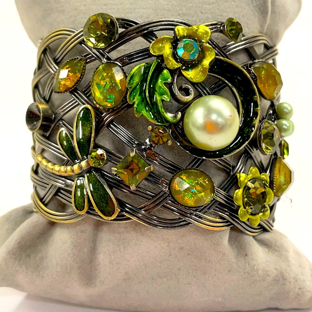 Faux mother of Pearl with dragon fly cuff bracelet